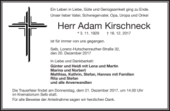 Traueranzeige von Adam Kirschneck von Frankenpost