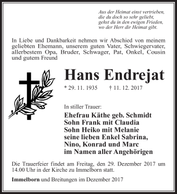 Traueranzeige von Hans Endrejat von Südthüringer Presse