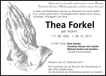 Traueranzeige von Thea Forkel von Neue Presse Coburg