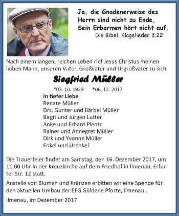 Traueranzeige von Siegfried Müller von Südthüringer Presse