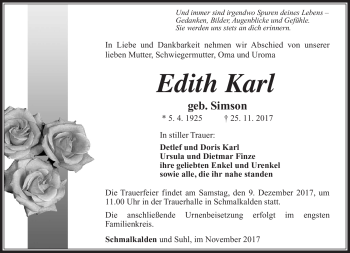 Traueranzeige von Edith Karl von Südthüringer Presse