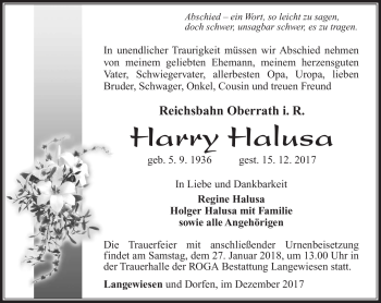Traueranzeige von Harry Halusa von Südthüringer Presse