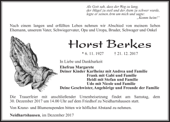 Traueranzeige von Horst Berkes von Südthüringer Presse