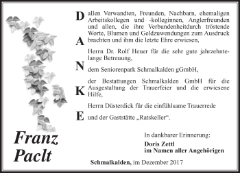 Traueranzeige von Franz Paclt von Südthüringer Presse