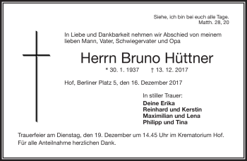 Traueranzeige von Bruno Hüttner von Frankenpost