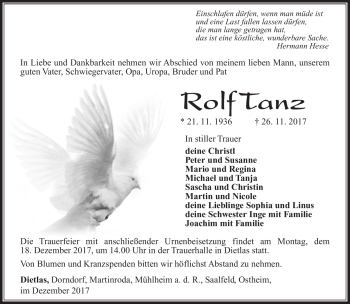 Traueranzeige von Rolf Tanz von Südthüringer Presse