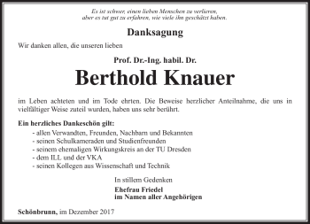 Traueranzeige von Berthold Knauer von Südthüringer Presse