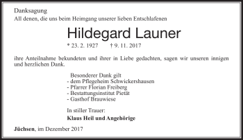 Traueranzeige von Hildegard Launer von Südthüringer Presse