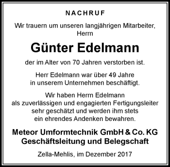 Traueranzeige von Günter Edelmann von Südthüringer Presse