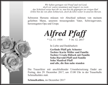 Traueranzeige von Alfred Pfaff von Südthüringer Presse