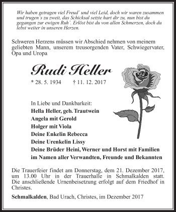 Traueranzeige von Rudi Heller von Südthüringer Presse