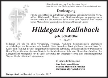 Traueranzeige von Hildegard Kallnbach von Südthüringer Presse