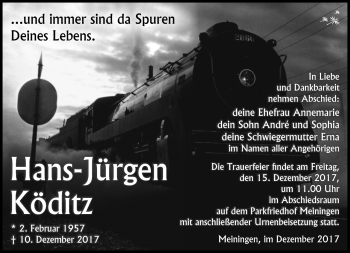 Traueranzeige von Hans-Jürgen Köditz von Südthüringer Presse