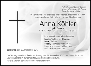 Traueranzeige von Anna Köhler von Neue Presse Coburg