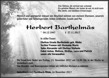 Traueranzeige von Herbert Barthelsmäs von Südthüringer Presse