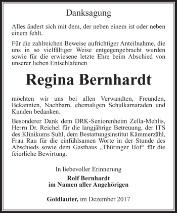 Traueranzeige von Regina Bernhardt von Südthüringer Presse