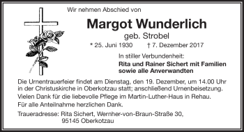 Traueranzeige von Margot Wunderlich von Frankenpost