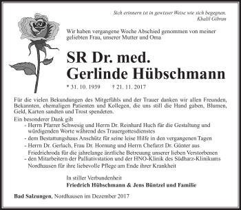 Traueranzeige von Gerlinde Hübschmann von Südthüringer Presse