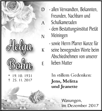 Traueranzeige von Helga Bohn von Südthüringer Presse