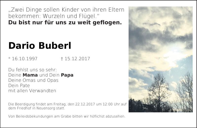  Traueranzeige für Dario Buberl vom 20.12.2017 aus Neue Presse Coburg