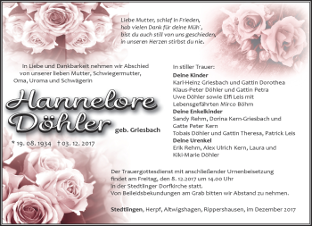 Traueranzeige von Hannelore Döhler von Südthüringer Presse