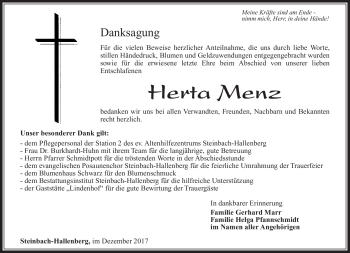 Traueranzeige von Herta Menz von Südthüringer Presse
