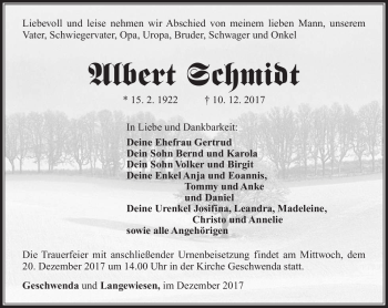 Traueranzeige von Albert Schmidt von Südthüringer Presse