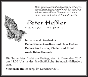 Traueranzeige von Peter Heßler von Südthüringer Presse
