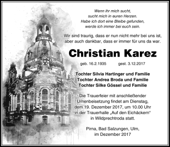 Traueranzeige von Christian Karez von Südthüringer Presse