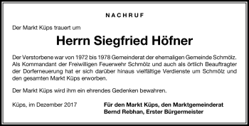 Traueranzeige von Siegfried Höfner von Neue Presse Coburg