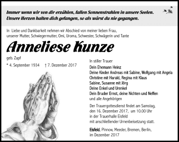 Traueranzeige von Anneliese Kunze von Südthüringer Presse