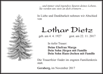 Traueranzeige von Lothar Dietz von Südthüringer Presse