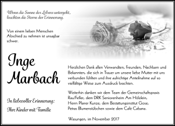 Traueranzeige von Inge Marbach von Südthüringer Presse