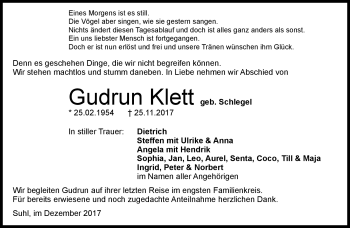 Traueranzeige von Gudrun Klett von Südthüringer Presse