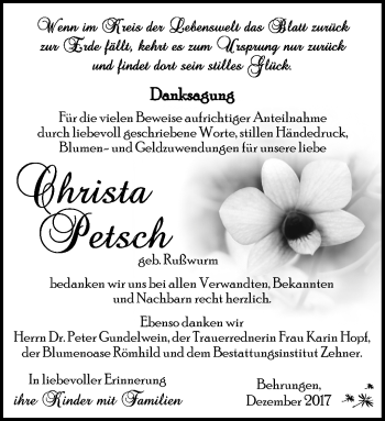 Traueranzeige von Christa Petsch von Südthüringer Presse
