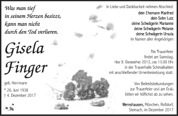 Traueranzeige von Gisela Finger von Südthüringer Presse