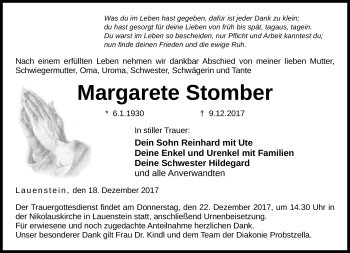 Traueranzeige von Margarete Stomber von Neue Presse Coburg