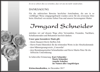 Traueranzeige von Irmgard Schneider von Südthüringer Presse