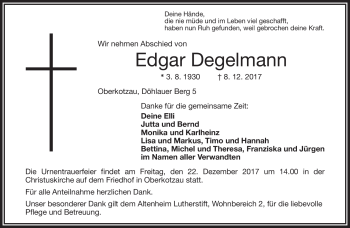 Traueranzeige von Edgar Degelmann von Frankenpost