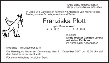 Traueranzeige von Franziska Plott von Neue Presse Coburg