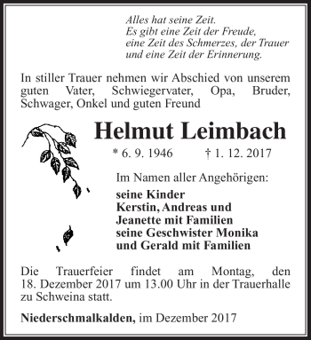 Traueranzeige von Helmut Leimbach von Südthüringer Presse