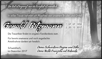 Traueranzeige von Gerald ritzmann von Südthüringer Presse