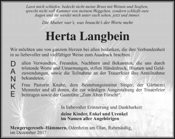 Traueranzeige von Herta Langbein von Südthüringer Presse