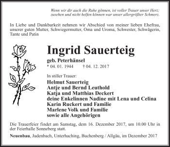 Traueranzeige von Ingrid Sauerteig von Südthüringer Presse