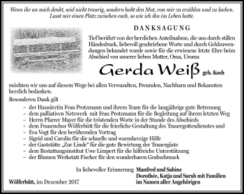 Traueranzeige von Gerda Weiß von Südthüringer Presse