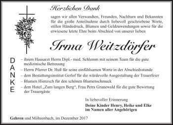 Traueranzeige von Irma Weitzdörfer von Südthüringer Presse