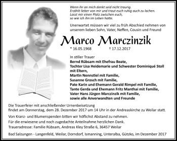 Traueranzeige von Marco Marczinzik von Südthüringer Presse