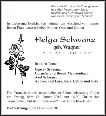 Traueranzeige von Helga Schwanz von Südthüringer Presse
