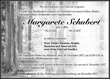 Traueranzeige von Margarete Schubert von Südthüringer Presse