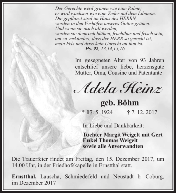 Traueranzeige von Adela Heinz von Südthüringer Presse